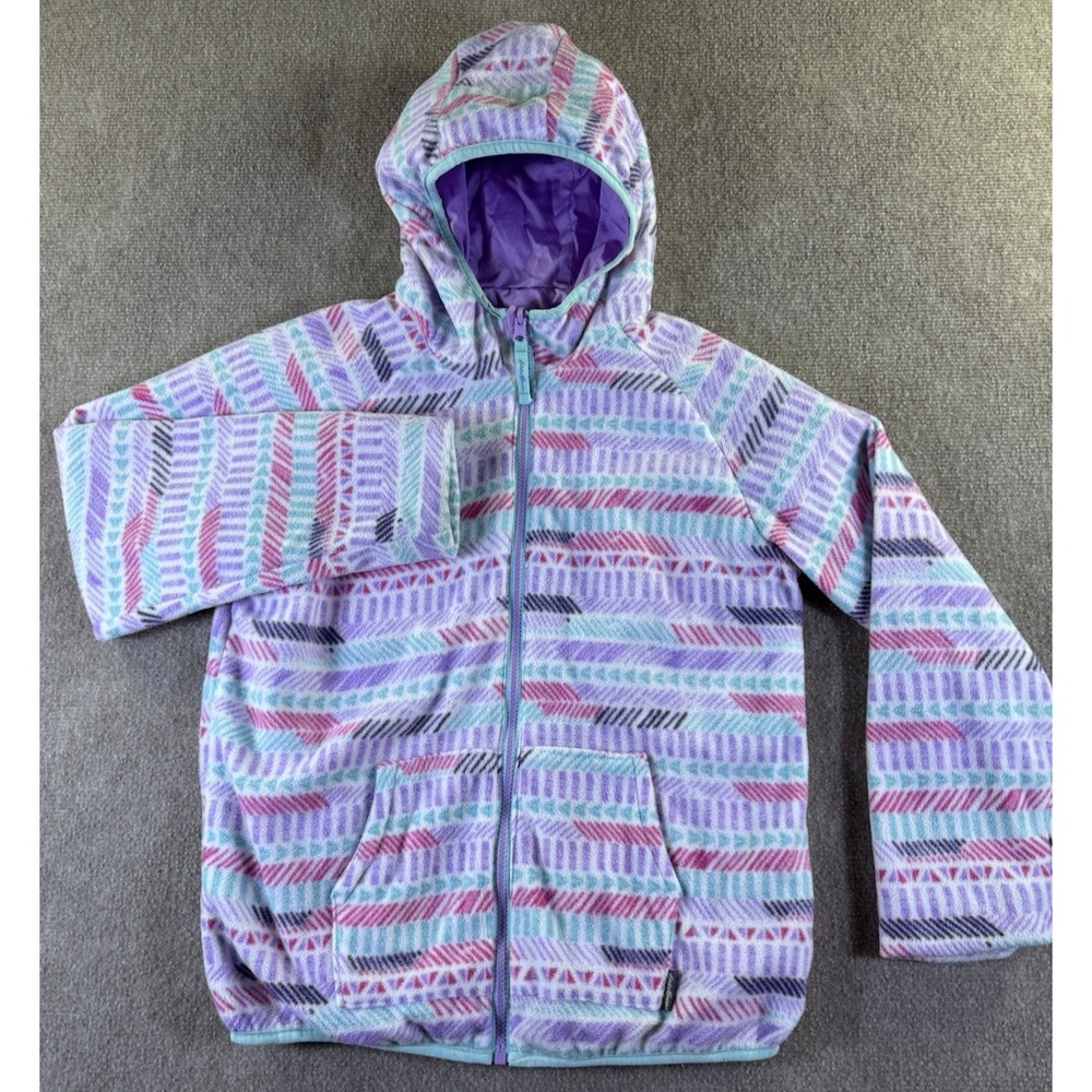 Eddie Bauer Girls Reversible Windbreaker/Fleece Hooded Jacket Size L Purple/Teal - Picture 2 of 14
